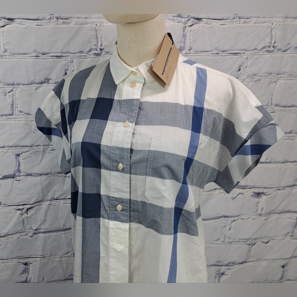 NWT Burberry Women's Button Down Shirt White Blue Check Short SleeveSummer Small - Picture 5 of 16